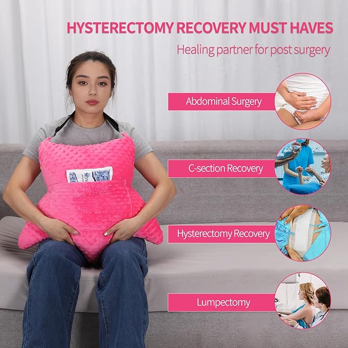 Hysterectomy Pillow with Pocket for Ice/Hot Packs, Abdominal Surgery Recovery Pillow for Women, Post-Surgery Support Cushion(Pink)