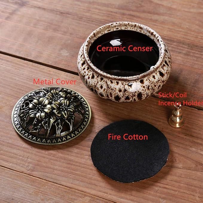 Ceramic Incense Burner with Incense Stick Holder + Insulation use for Stick or Coil Incense, Sage Cones and Frankincense (Fambe Gray)