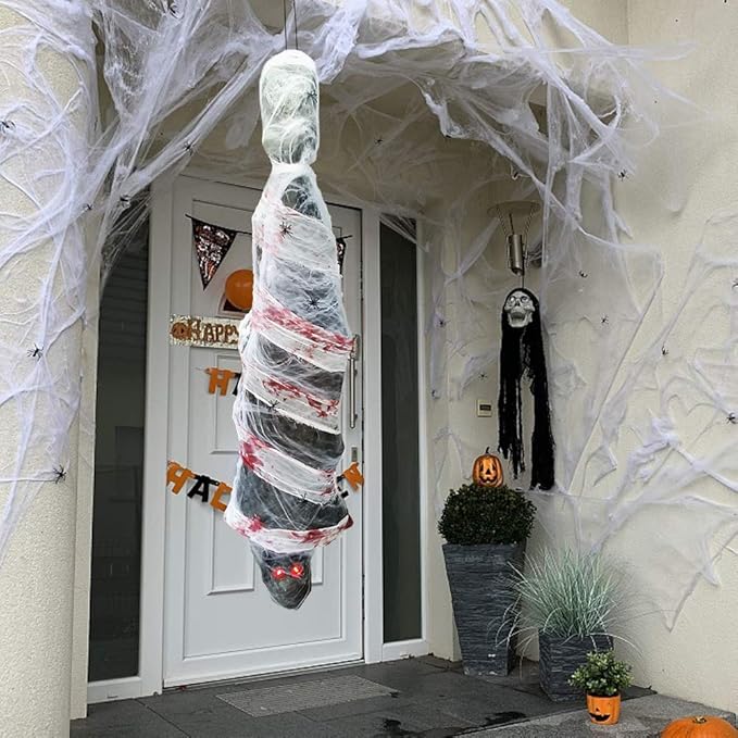 Zcaukya Halloween Decorations, 72 Inch Hanging Spooky Scary Creepy Mummy Decoration with LED Glowing Eyes and Voice Activated for Halloween Party, Haunted House, Yard, Ceiling, Indoor Outdoor Decor