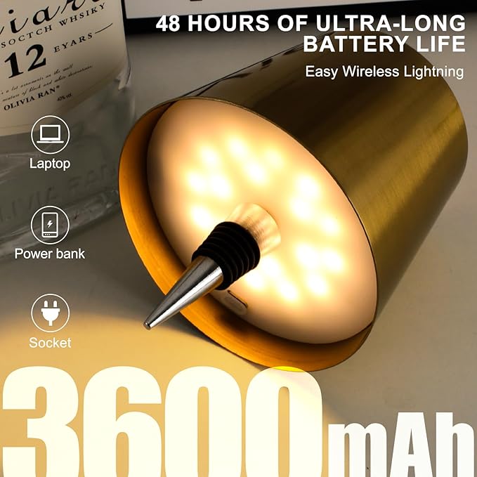 Wine Bottle Lamp, 2025 New 3 Color Rechargeable Wireless Bottle Lamp for Liquor Bottles with Touch Dimming for Parties, Restaurants & Home Decor (Gold)
