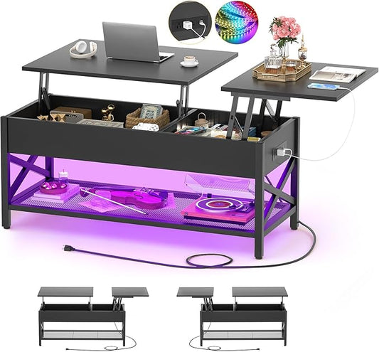 Aheaplus Black Lift-Top Coffee Table with LED Light, Power Outlets and Storage Shelf, 41.7"W x 19.69"L x 19.7"H
