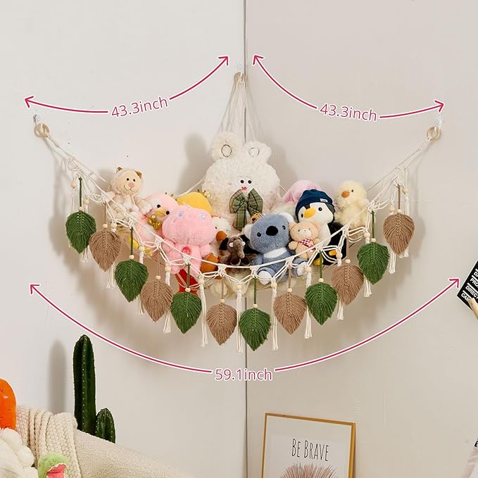 Pretty Jolly Macrame Leaf Wall Hanging Storage Hammock, 59" Boho Corner Organizer with Tassels, Stuffed Animal Plush Holder for Kids Room Nursery Decor (Avocado Green & Milk Coffee)