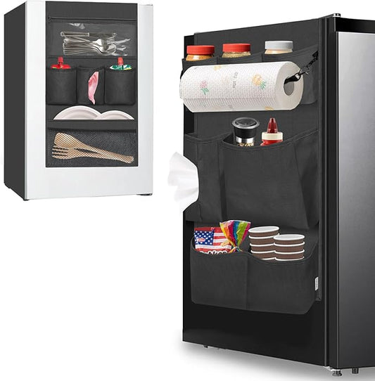 homyfort Mini Fridge Organizer, Over The Fridge Storage Organizer with 14 Pockets, College Dorm Storage for Office, Kitchen, Home, School, Black