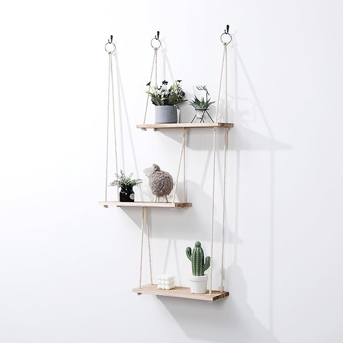 LOSOUR Hanging Shelves for Wall, 3 Tier Boho Wall Decor Hanging Plant Shelf Floating Shelves Rope Rustic Wood Organizer Storage Hanger Rack for Bedroom Kitchen Bathroom Living Room (Brown, Medium)