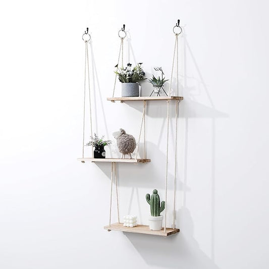 LOSOUR Hanging Shelves for Wall, 3 Tier Boho Wall Decor Hanging Plant Shelf Floating Shelves Rope Rustic Wood Organizer Storage Hanger Rack for Bedroom Kitchen Bathroom Living Room (Brown, Medium)