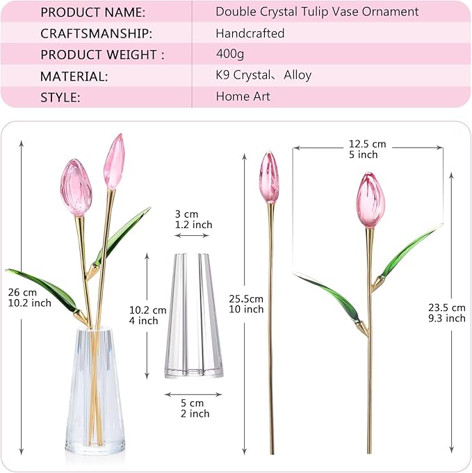 Crystal Tulips Figurine - Pink Flowers with Vase - Glass Flower Bouquet Collectible Office Home Decor Paperweight - Tulip Gifts for Women Mom Bestfriend Wedding Anniversary