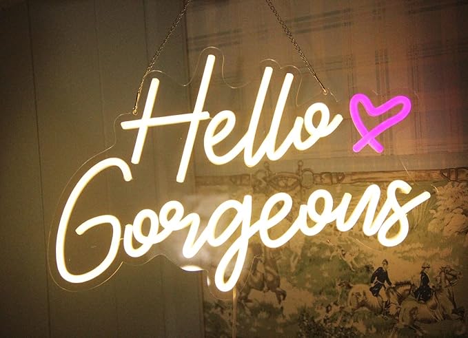 DAKABUKA Hello Gorgeous Neon Sign Hello Beautiful Warm White LED Neon Lights for Home Wedding Birthday Backdrop Bacelorette Party Wth Dimmable Switch(5V,16.5X10.6inches)
