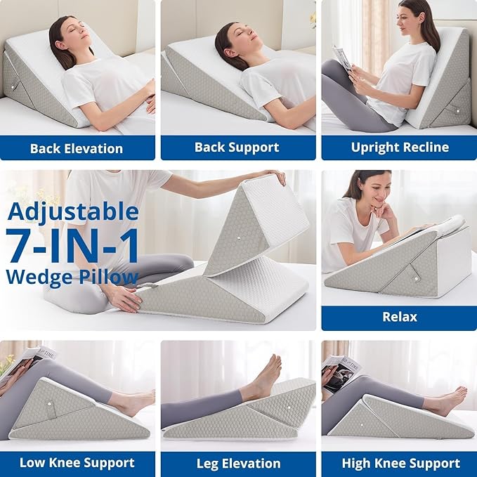 SASTTIE Wedge Pillow for Sleep Apnea, 12 Inch Bed Wedge Pillow for Back Pain Relief, Adjustable Memory Foam Pillow Wedges for Sleeping Acid Reflux, Shoulder Pain Relief and Snoring, Light Grey & White