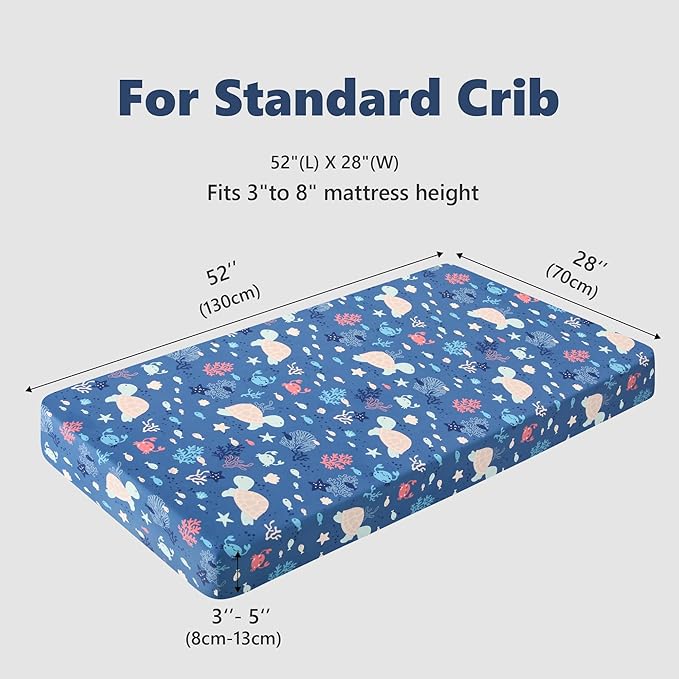 TILLYOU Baby Crib Sheets for Boys Girls, Fitted Crib Sheet 2 Pack for Standard Crib and Toddler Mattresses, Super Soft Toddler Bed Sheets, 28"x52"x8",Beach Time Turtle&Lake Blue