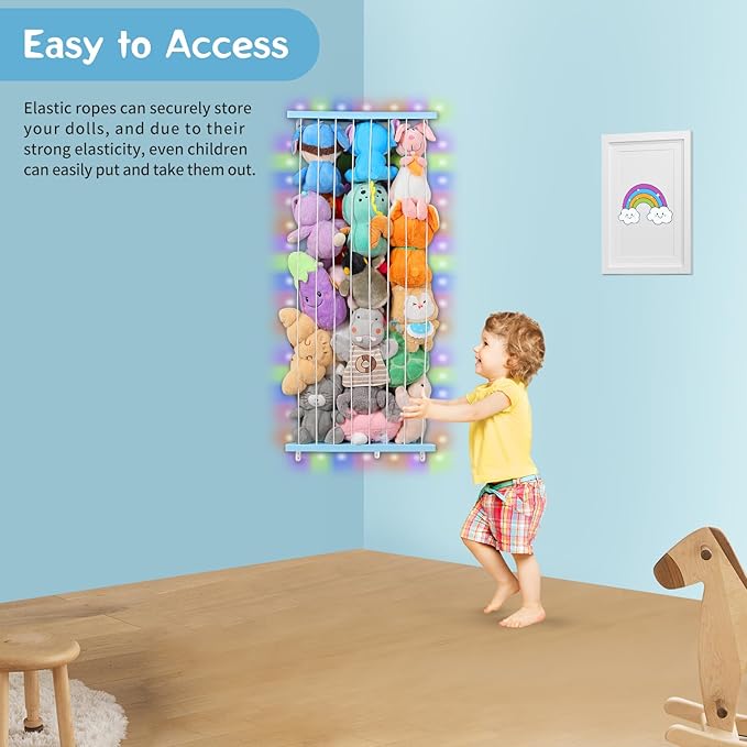 Stuffed Animal Storage Corner Plush Toys Holder with Star Pattern,Stuffed Animals Holder with LED Light,Large Corner Kids Plushies Toys Wall Hangingwith Adjustable Length for Nursery Playroom Bedroom