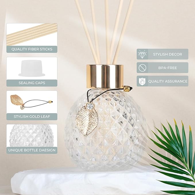 4Pcs Reed Diffuser Set with Metal Golden Decoration, 3.5oz Empty Reed Diffuser Bottles with 20Pcs Reed Diffuser Sticks, Unique Design Bottles for Home and Office(Spiky Ellipsoidal)