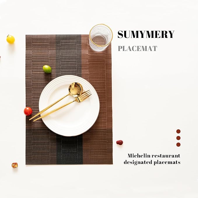 Placemats Set of 12 Vinyl/Plastic Woven Place Mats for Kitchen Table Indoor/Outdoor Washable Placemat Wipeable Dining Table Mats (Ombre Brown Black,12)