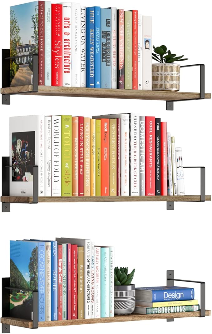 Wallniture Toledo Wood Floating Shelves for Wall Storage, Floating Bookshelf Set of 3, 24"x6" Rustic Wall Shelves for Living Room, Bedroom, Kitchen, Bathroom Storage, Burned Finish