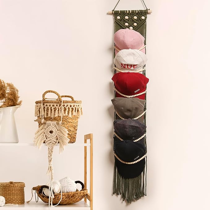 Ball Cap Hanger-1 Pack-Boho Macrame Cap Holder Wall Hat Organizer for Baseball Cap Holder Over Door, Hat Rack for Wall, Cap Rack for Decoration and Display(Green)
