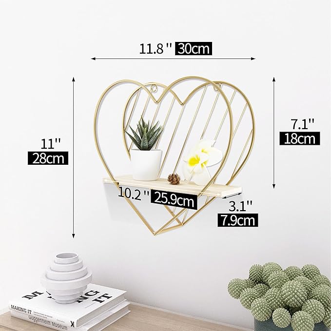 Afuly Floating Shelf Wall Mounted Gold Heart Shaped Hanging Shelves for Wall Modern Minimalist Shelf Storage Organizer Rack for Bedroom Living Room Nursery Room Decor Christmas