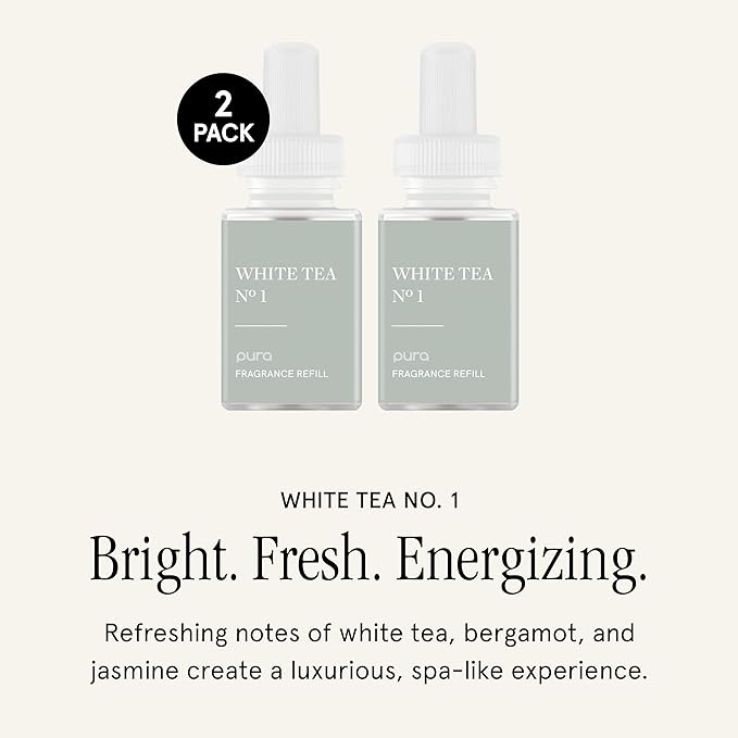 Pura Smart Home Air Diffuser Fragrance - Smart Home Scent Refill - Up to 120-Hours of Premium Fragrance per Refill - Clean Diffuser for Office & Apartment - 2 Pack, White Tea No. 1