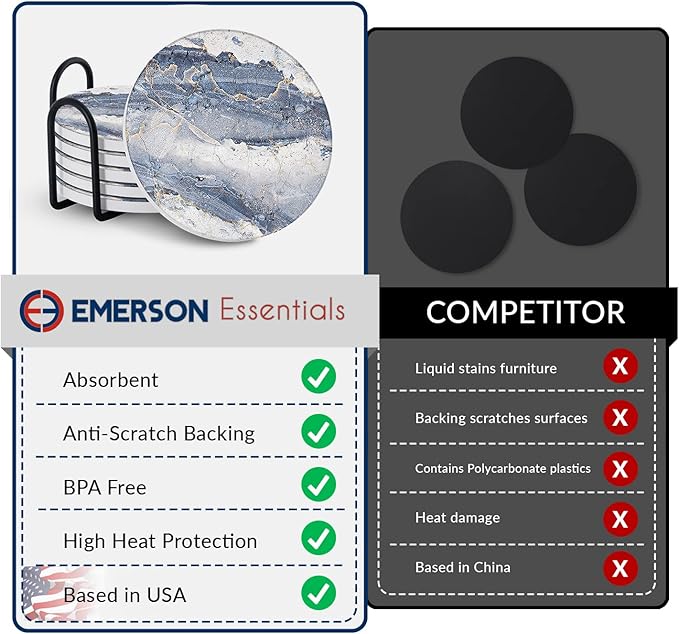 Emerson Essentials Coasters for Drinks Absorbent with Holder, Set of 6, Cork Bottom Ceramic Stone Marble Style for Wooden Coffee Bar Tables, Glass Tabletop Non Slip, Natural Stone