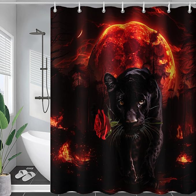 AILONEN Black Panther Shower Curtain,Evening Moon Flame Leopard Bath Curtain for Kids Men,Wildlife Animal Polyester Waterproof with 12 Plastic Hooks 48" W*72" H
