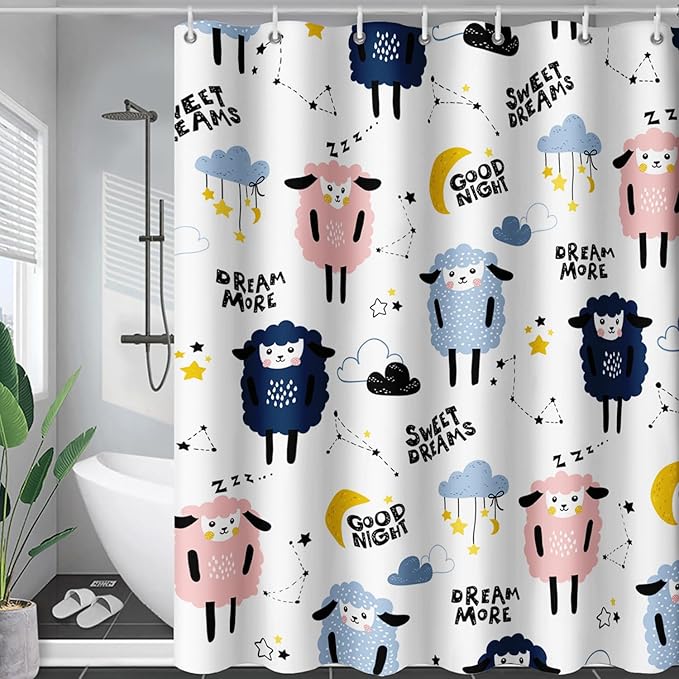 AILONEN Cute Sheep Shower Curtain for Bathroom,Constellation Star Clouds Printed Bath Curtain,Blue Pink Sheep Kids Curtain Waterproof with 2 Plastic Hooks 60" W*72" H