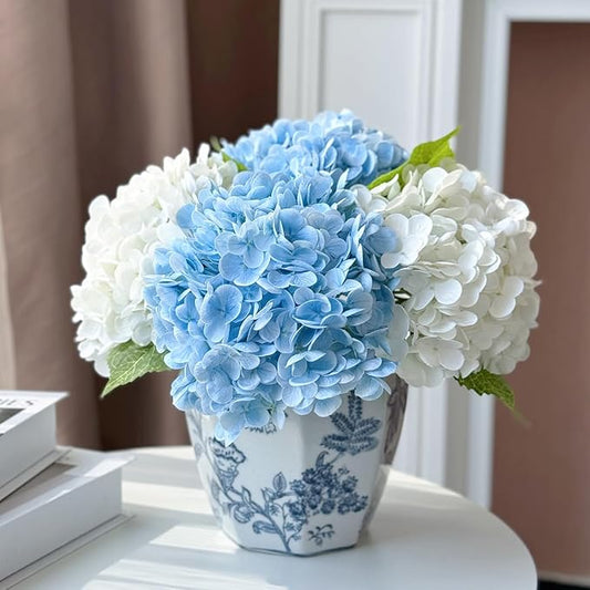 YalzoneMet Hydrangea Artificial Flowers 4 Pcs 2 White 2 Light Blue 21 inch Long Rod Real Touch Lifelike Fake Latex Hydrangea for Home Party Outdoor Wedding Gifts Christmas Decor Table Centerpiece