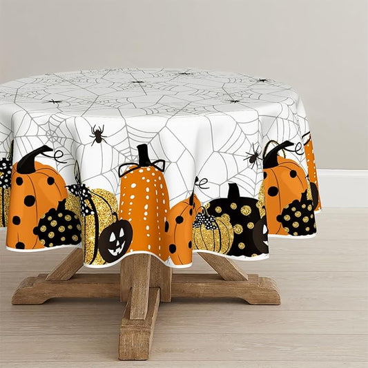 Horaldaily Halloween Tablecloth 90×90 Inch Round, Jack-O-Lantern Pumpkin Cobweb Scary Themed Washable Table Cover for Party Picnic Dinner Decor