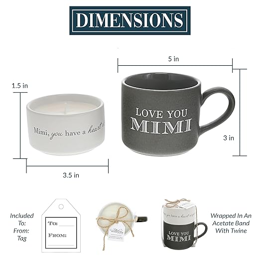 Pavilion - Love You Mimi - 4 Oz Candle & 10.8 Oz Mug Gray & Cream Neutral Stackable To: From: Tag Gift Set