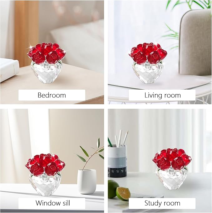 Crystal Flower Figurines - Glass Rose Home Decor - Romantic Flower Bouquet for Women（Red）