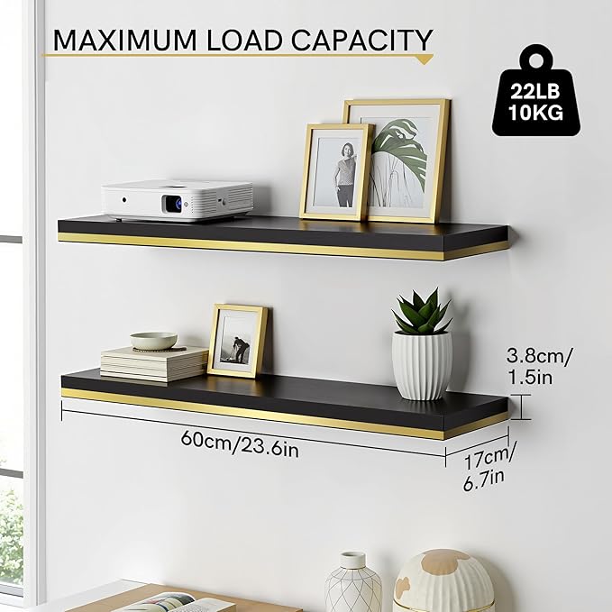 Gronda Floating Shelves for Wall, 23.6 Inch Black Floating Shelves Modern Home Decor Hanging Storage Organizer with Invisible Bracket Wall Mount for Bedroom Living Room Bathroom Kitchen, Set of 2