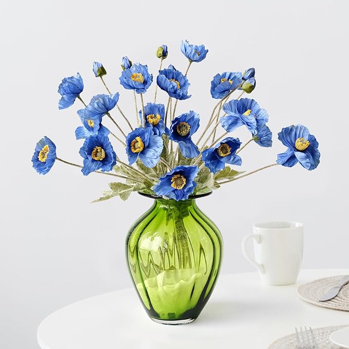 Dark Blue Fake Poppy Stems Flowers for Decoration,6pcs Lifelike Silk Poppy Bouquet for Kitchen Wedding Home Table Cemetery Indoor Outdoor Arrangement