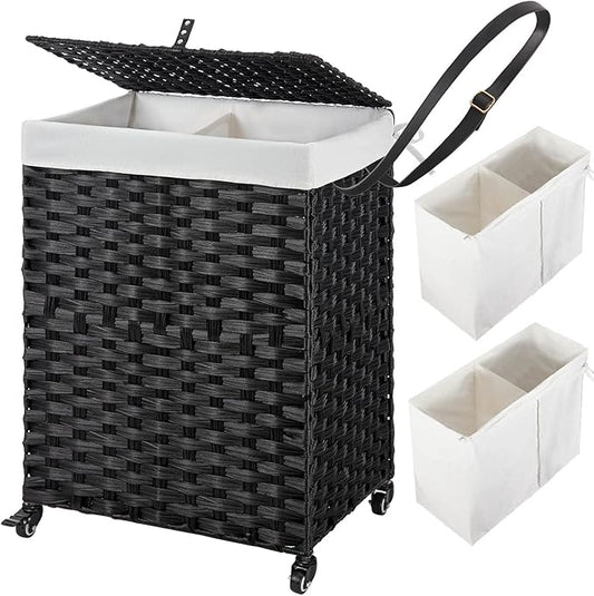 Greenstell Laundry Hamper with Wheels, No Install Needed, 90L Divided Handwoven Hampers & 2 Removable Liner Bags, Synthetic Rattan Clothes Laundry Basket with Lid & Handles, Foldable Hampers Black