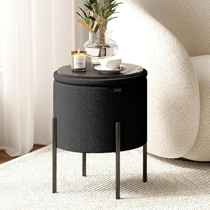 StorageBud Round Ottoman with Storage, Boucle Storage Ottoman, Foot Stool Ottoman, Makeup Vanity Stool, Small Ottoman Foot Rest, Modern Ottomans for Living Room and Bedroom, Black