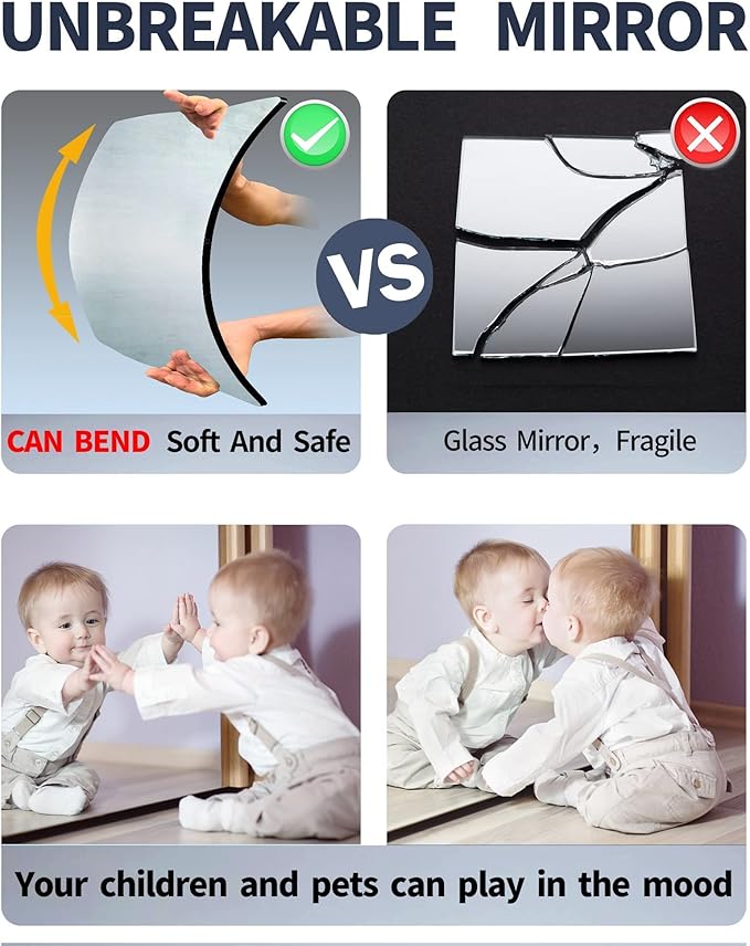 Kids Safety Shatterproof Mirror for Wall, Plastic Wall Mounted, Unbreakable Acrylic Non-Glass, 1/8" Thick, 8"x8", Great for Bedroom, Kids' Rooms