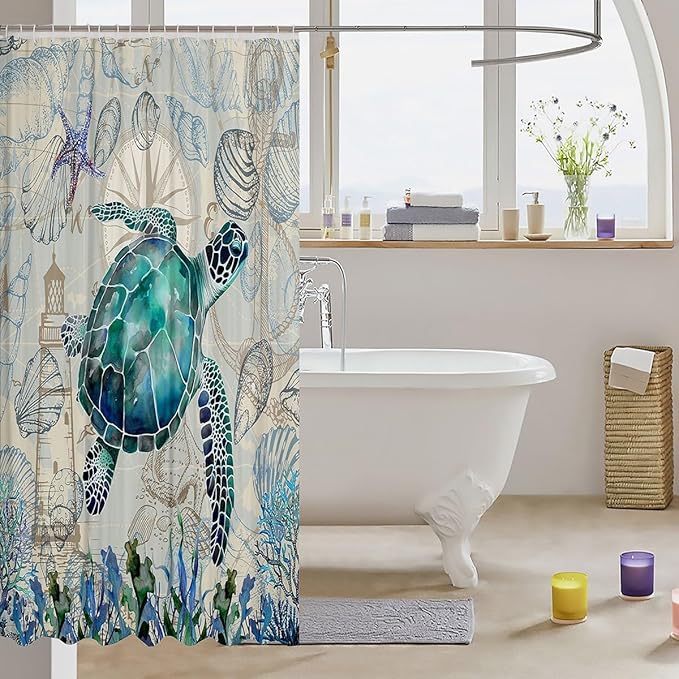 Feelyou Sea Turtle Fabric Shower Curtain Under Sea Animals Shower Curtain for Kids Shells and Corals Bathroom Waterproof Accessories with 12 Hooks Watercolor Green and Brown Curtains,72X84 Inches