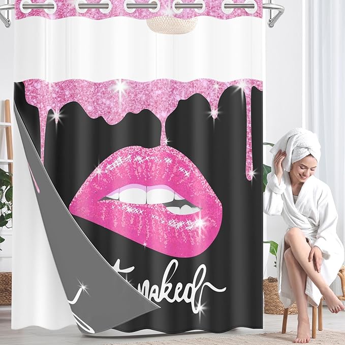Pink Lips No Hook Shower Curtain with Snap in Liner, Diamond Glitter Get Naked Black Bath Curtain with Double Layers Waterproof Fabric and Mesh Top Window 71x74 Inch