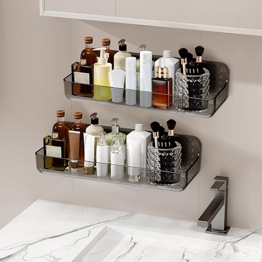 Acrylic Wall Mounted Shower Caddy, 2 Self Adhesive Shelves, No Drilling, Organizes Bath & Kitchen