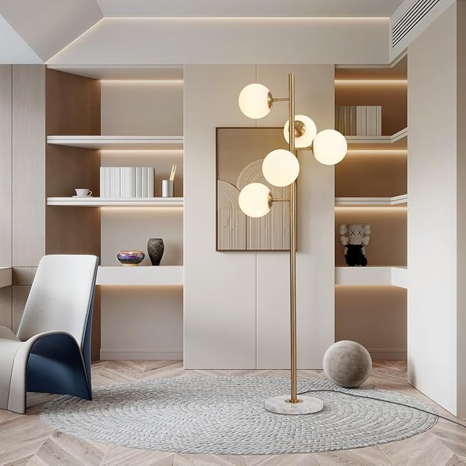 KCO Lighting 5-Light Frosted White Glass Globe Floor Lamp Mid Century Modern Gold Tall Pole Standing Light LED Standing Lamps with Foot Switch for Home Office (Gold)