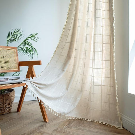 Sutuo Home Boho Curtains for Living Dining Room Bedroom 96 Inch Length, Light-filtering Vintage Chic Tassels Farmhouse Linen Window Treatment Bohemian Drape, 1 Panel 52" W x 96" L, Light Coffee Plaids