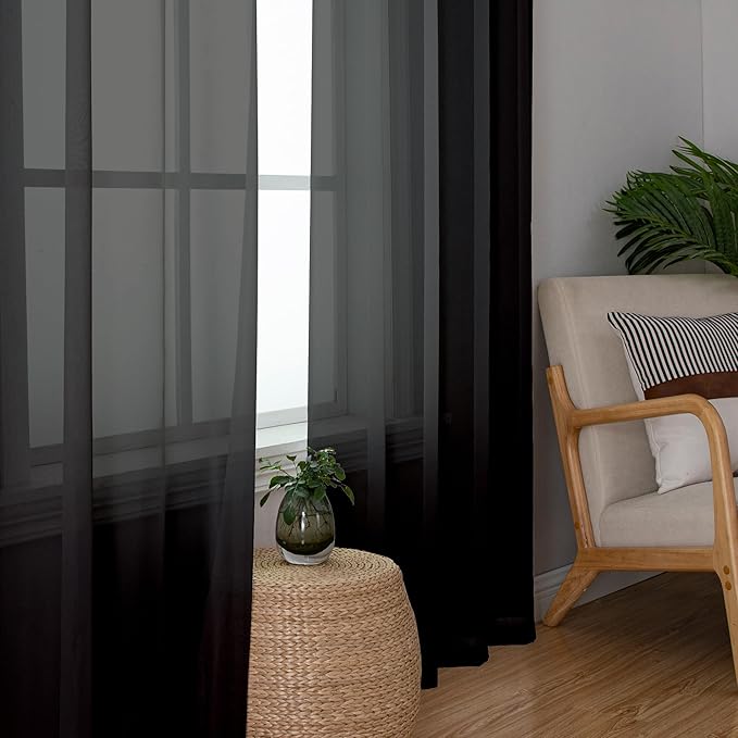 Aiyufeng Black Sheer Curtains 90" Long for Living Room Windows, Voile Sheer Casual Light Filtering Window Curtain Drapes for Bedroom, 42" Wide, Set of 2