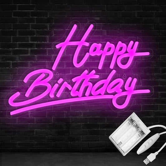 Pink Happy Birthday Neon Sign Battery Operated, Usb Powered Neon Signs for Wall Decor, Adjustable Brightness Happy Birthday Signs(15 x 9.6 inches)