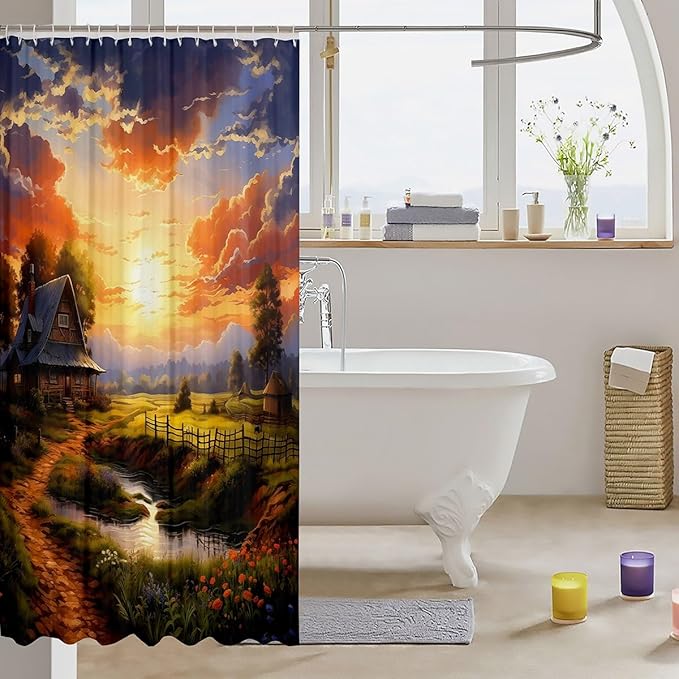 Feelyou Western Farmhouse Fabric Shower Curtain Kids Farmhouse Bathroom Waterproof Accessories with 12 Hooks for Boys Girls Sunset Shower Curtain Nutrue Theme Curtains,72x78 Inches