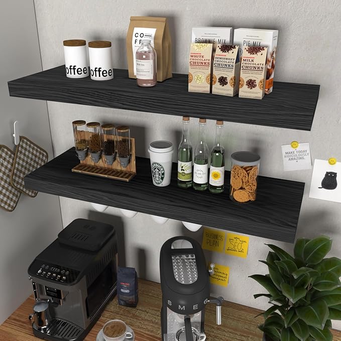 Floating Shelves for Wall - 32 x 9 Inch Natural Wood Shelves for Bathroom, Bedroom, Kitchen Decor, Farmhouse Decor Set of 2, Black