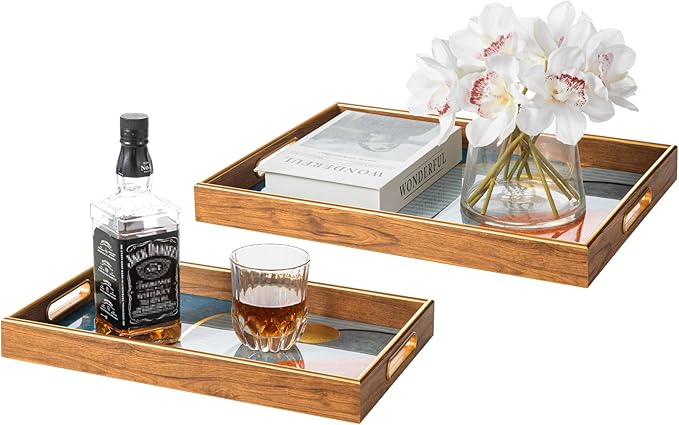 Glitzhome Serving Tray with Handles, Set of 2 Rectangle Wooden & Plastic Abstract Decorative Trays Storage Tray for Living Room Ottoman Coffee Table Parties Supplies, 17.5" x12.5" and 15.75" x 9.75"