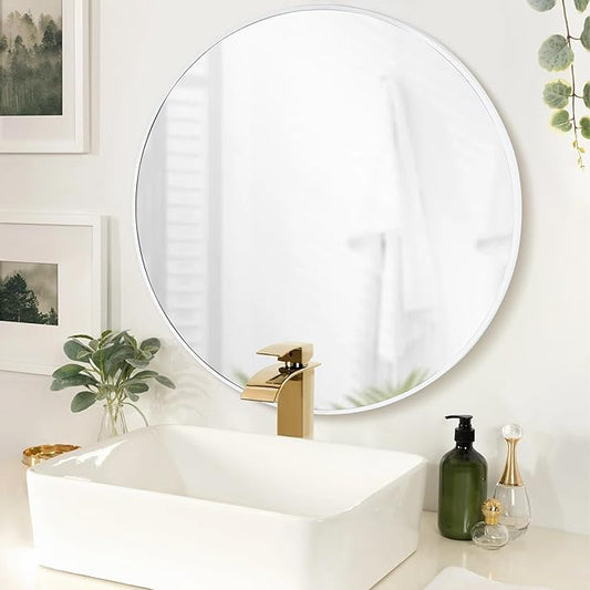 CULER Round White Bathroom 24 Inch Mirror,Circle Wall Modern Mirror for Bedroom,Hanging Vanity Tempered Glass Mirrors for Entryway or Living Room