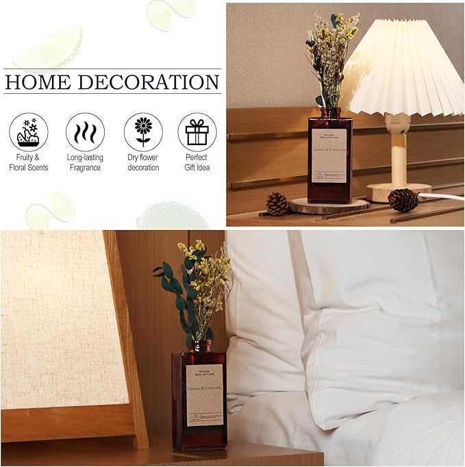 Reed Diffuser Set - Lemon Citronella Essential Oil, 5 oz/150ml Lemon Aroma Scent Oils Air Freshener with Flower Decoration and Diffuser Sticks, Home Fragrance for Room Bathroom Decor