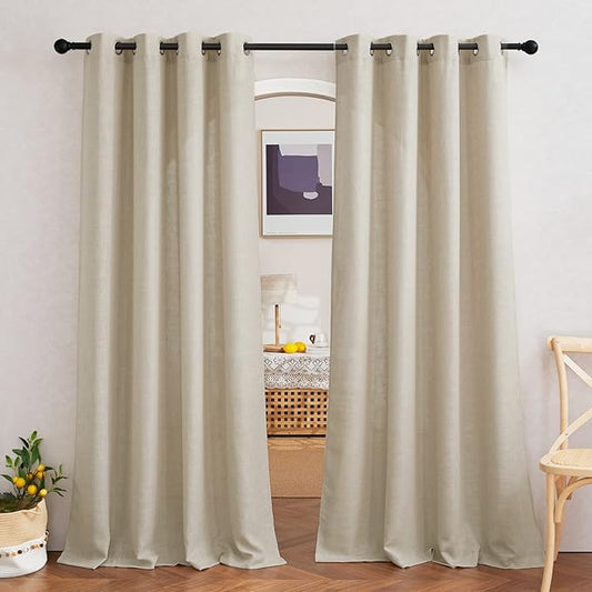 NICETOWN Light Filtering Linen Curtains 84 inch Long 2 Panels Set, Grommet Privacy Added Light Filtering Flax Semi Sheer Rustic Window Drapes for Bedroom/Living Room, Taupe, W52 x L84