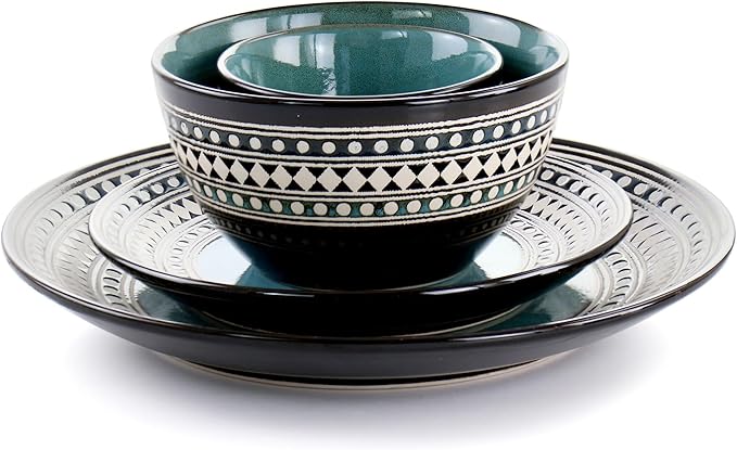 Elama Blue Sage 16 Piece Double Bowl Stoneware Dinnerware Set in Blue