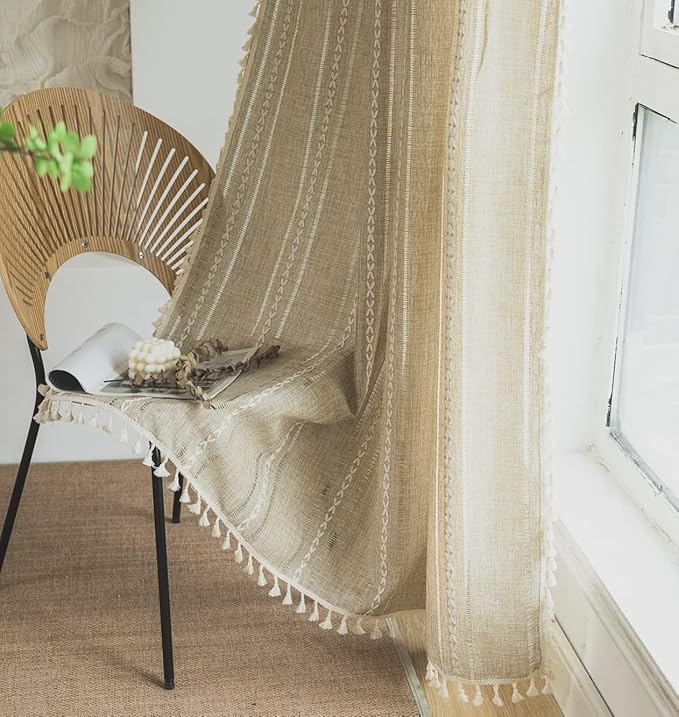 Sutuo Home Boho Curtains for Bedroom Living Room 90 Inch Length, Light Filtering French Country Farmhouse Vintage Shabby Chic Tassels Hollow Window Treatment Bohemian Drape 1 Panel 52"W x 90"L Natural