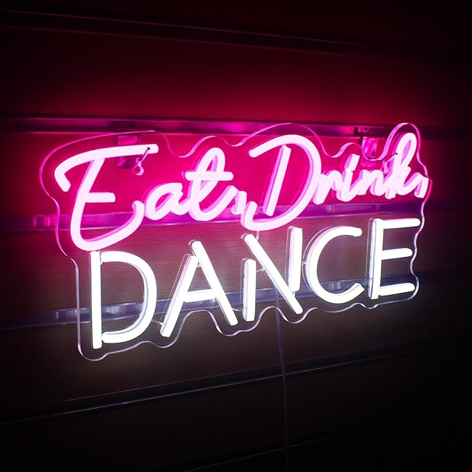 LUCUNSTAR Eat Drink Dance Neon Sign, Purple with White Neon Word Sign, LED Sign for Wall Decor, Dance Studio, Bar, Party, 16.5 X 10.2 Inches