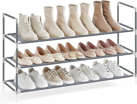 SONGMICS 3-Tier Shoe Rack, Shoe Storage for Hallway Closet, Slim and Space-Saving, Metal Frame, Non-Woven Fabric Shelves, Grey ULSH053G01V1