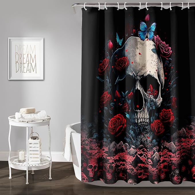 AILONEN 3D Skull Shower Curtain,Oil Ren Rose with Ruins Skull Skeleton Design Shower Curtain Set for Boys Girls Teens,Gothic Skull Waterproof Fabric Shower Curtain for Bathroom,72" W*78" H